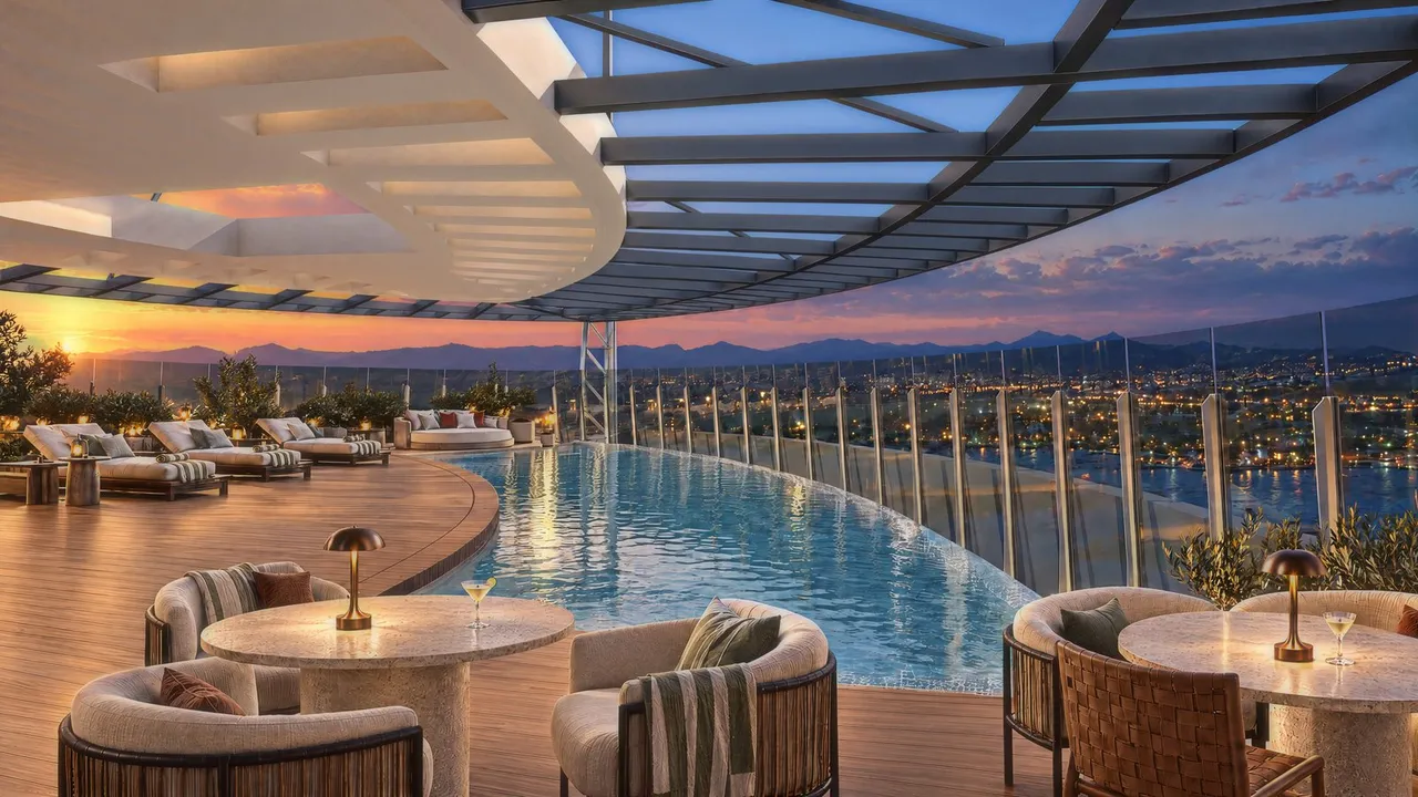 Artist's impression of a rooftop infinity pool at sunset under a curved steel pergola, with loungers, lamps on round tables and the city lights below