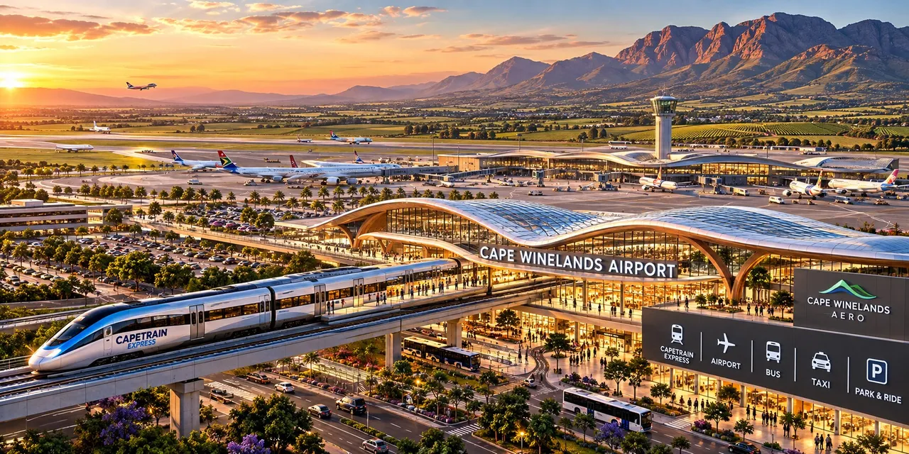 Illustration of an elevated CapeTrain Express line running into Cape Winelands Airport at sunset, with aircraft on the apron, the mountains behind and bus, taxi and park-and-ride signage