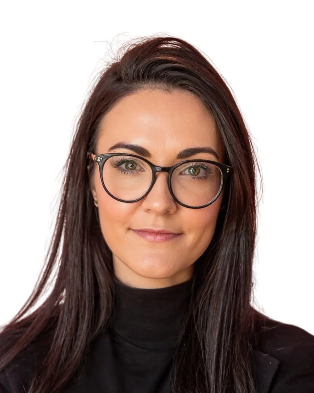 Jacolien Botha, Marketing Manager at Divercity Urban Property Group and Ithemba Property Management, with long dark hair and round dark-framed glasses, in a black polo-neck against a white background