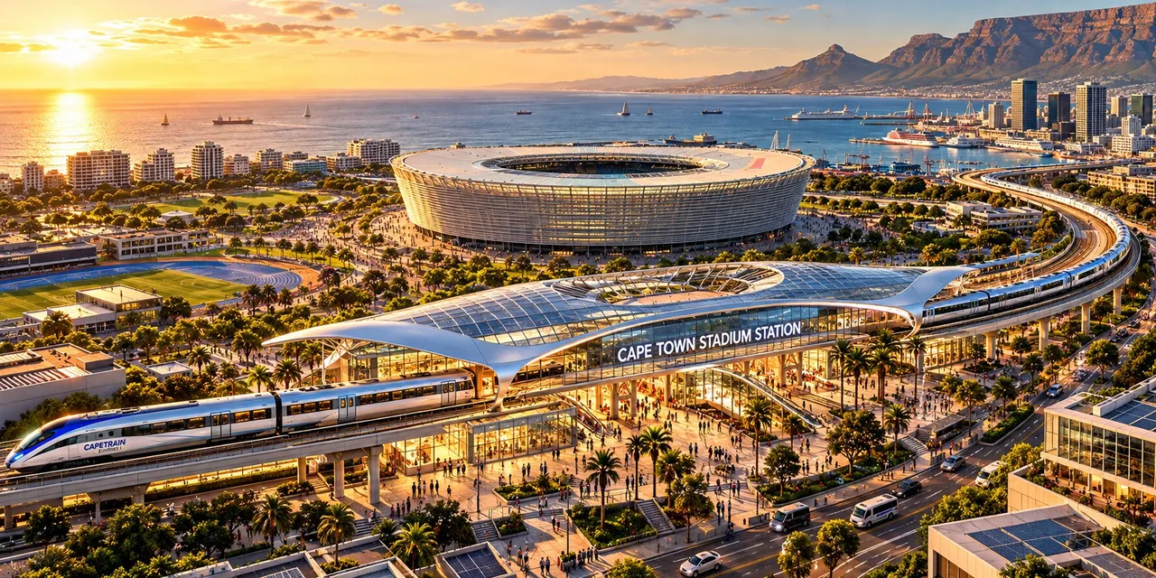 Illustration of a CapeTrain Express station beside Cape Town Stadium at sunset, with the harbour, Table Mountain and the city beyond