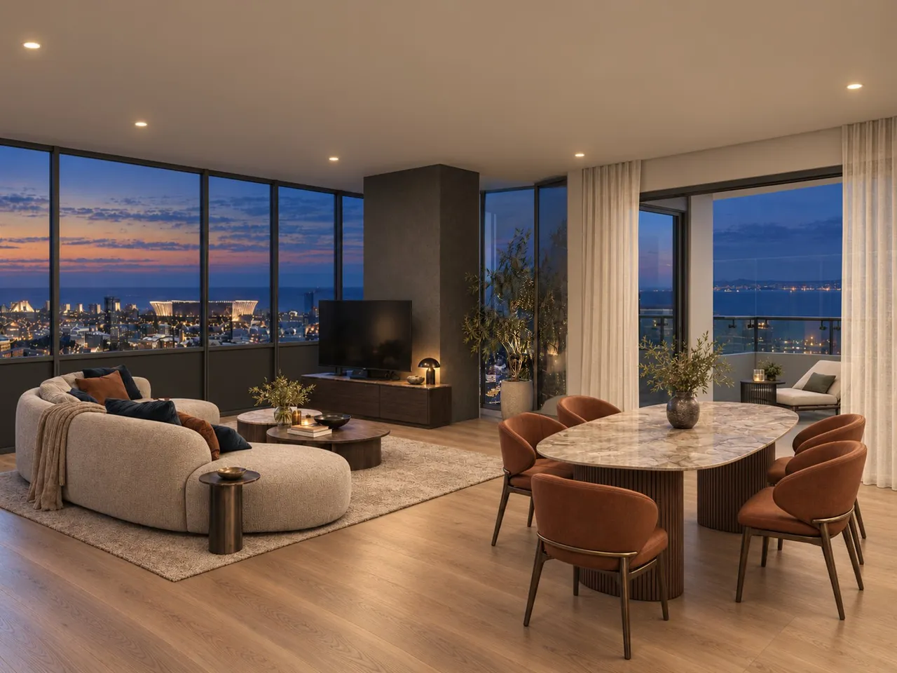 Artist's impression of an open-plan apartment at dusk: a curved sofa, a marble dining table with rust-coloured chairs, floor-to-ceiling windows over the city lights and the sea, and a balcony