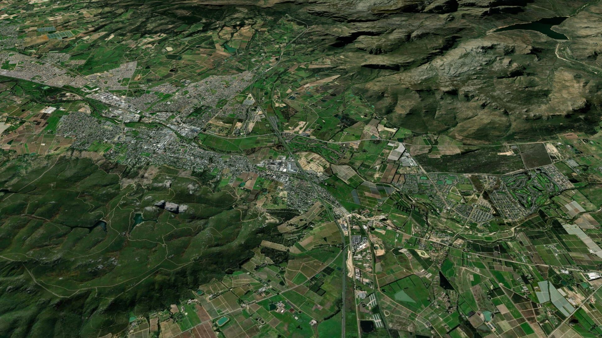 Satellite view of the Paarl Winelands with Valedrift Village marked between Boschenmeer to the north and Val de Vie and Pearl Valley to the south