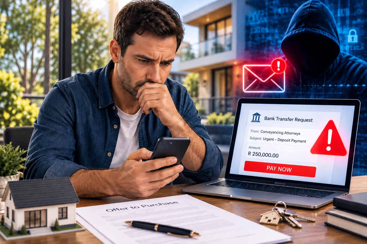 A worried homebuyer looks at his phone beside a laptop showing an urgent R250,000 bank transfer request, with a hooded cyber criminal in the background