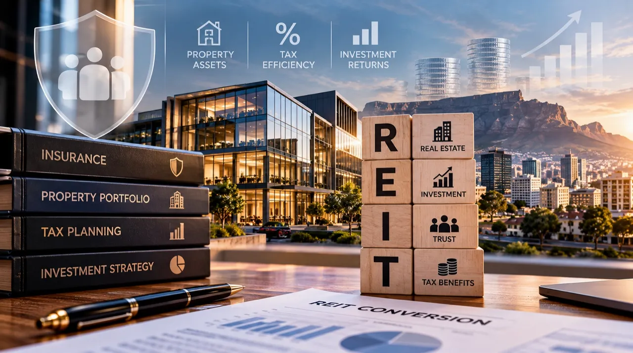 Wooden blocks spelling REIT beside tiles for real estate, investment, trust and tax benefits, books labelled insurance, property portfolio, tax planning and investment strategy, a REIT conversion report and pen, with a glass office building and Table Mountain at sunset behind