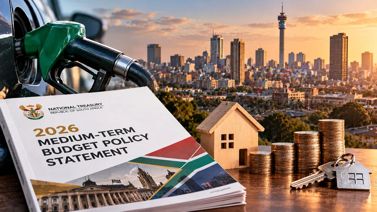 Composite image of National Treasury's 2026 Medium-Term Budget Policy Statement, a fuel nozzle in a car's tank, a wooden model house beside stacks of coins and a set of house keys, and a city skyline at sunset