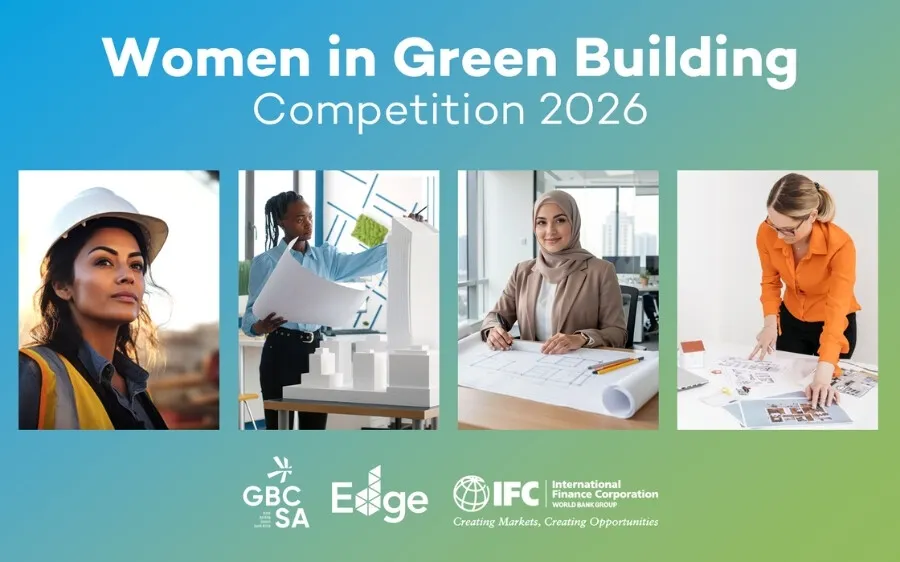 Women in Green Building Competition 2026 — four women at work in construction, architecture and design, with the GBCSA, EDGE and IFC logos