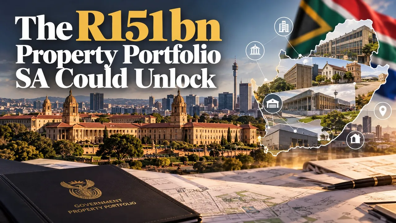 The R151bn Property Portfolio SA Could Unlock: the Union Buildings and Pretoria skyline beside a map of South Africa with government buildings and icons, over a Government Property Portfolio folder and building plans