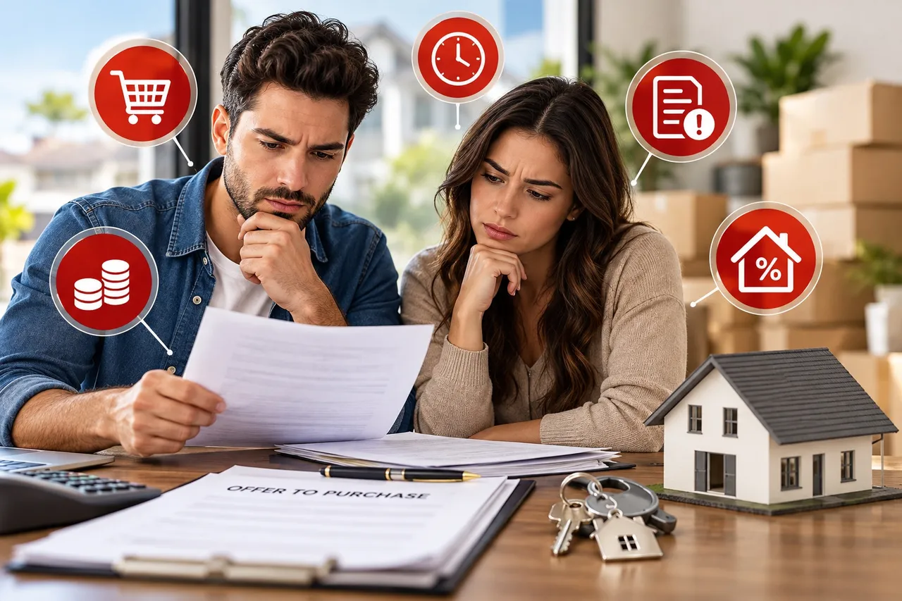 A couple frowning over an Offer to Purchase at a table with a model house and keys, surrounded by icons for costs, time, documents and interest