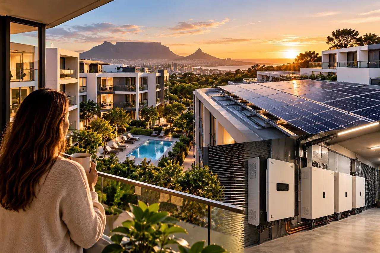 A resident with a coffee on an apartment balcony overlooking Table Mountain at sunset, beside rooftop solar panels and a row of battery inverters