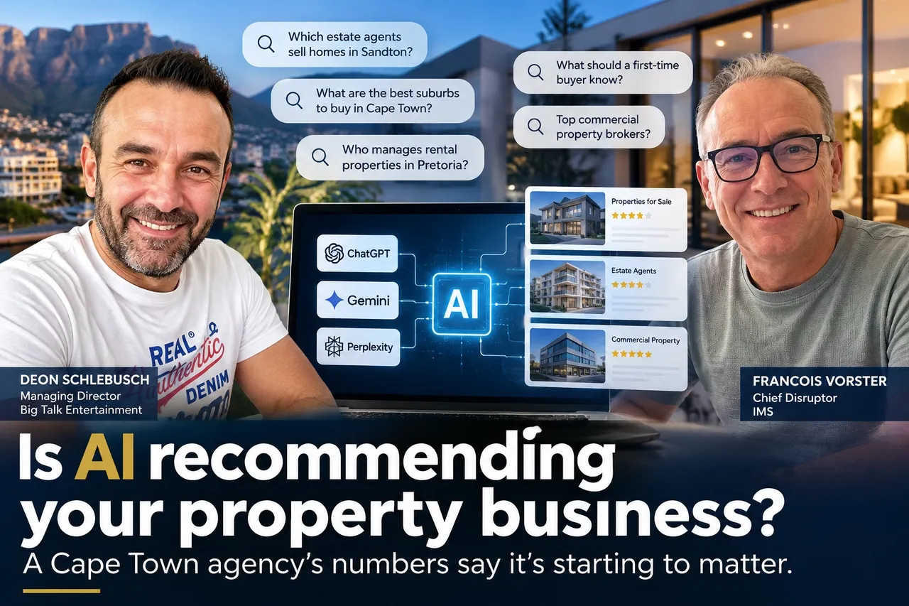 Deon Schlebusch of Big Talk Entertainment and Francois Vorster of IMS smiling beside a laptop showing ChatGPT, Gemini and Perplexity feeding an AI hub that returns properties for sale, estate agents and commercial property, with search questions about Cape Town, Sandton and Pretoria property above