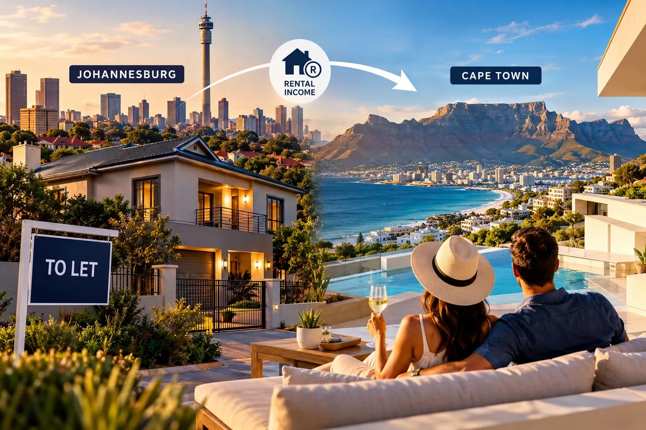Split scene: a Johannesburg house with a To Let sign and the skyline on the left, a rental-income arrow pointing to Cape Town and Table Mountain, and a couple relaxing on a terrace overlooking the sea on the right