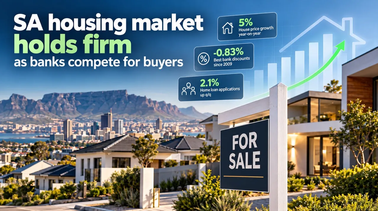 A 'For Sale' sign in front of modern white houses with Table Mountain and the Cape Town city bowl behind, under the headline 'SA housing market holds firm as banks compete for buyers' and panels reading 5% house price growth year-on-year, -0.83% best bank discounts since 2009 and 2.1% home loan applications up quarter-on-quarter