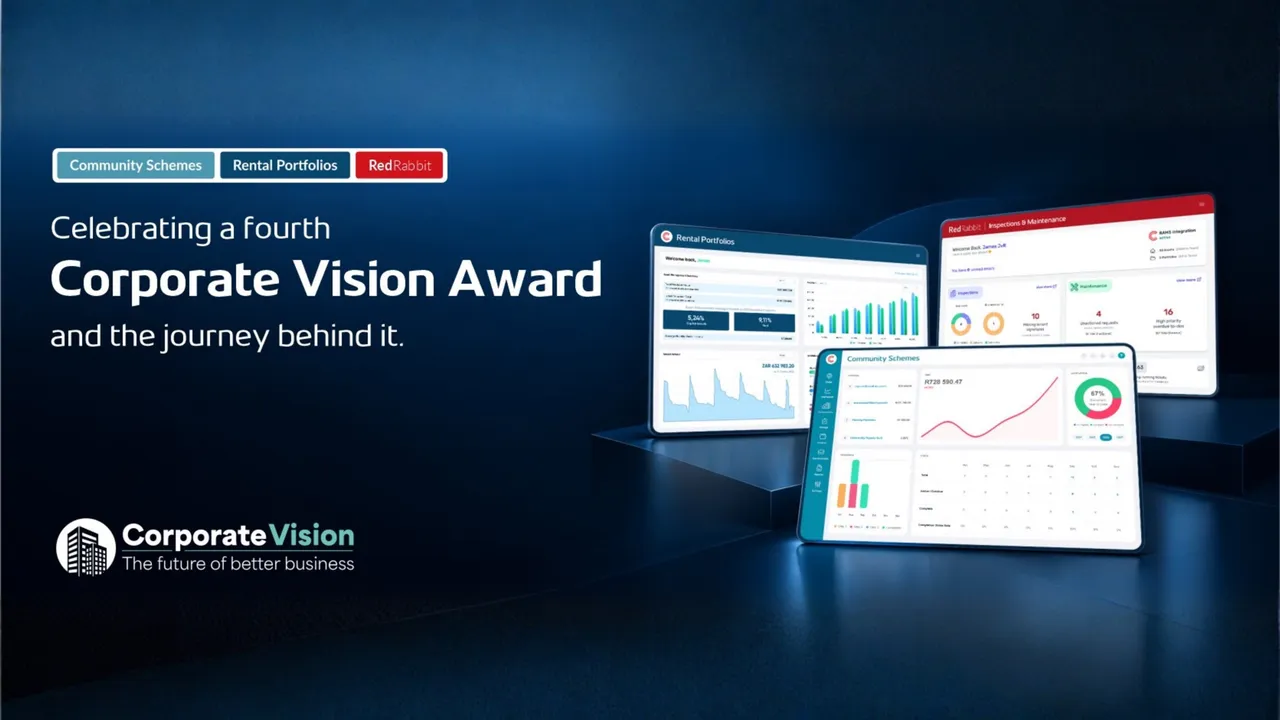 Celebrating a fourth Corporate Vision Award and the journey behind it: WeconnectU’s Community Schemes, Rental Portfolios and RedRabbit dashboards on tablets, with the Corporate Vision logo