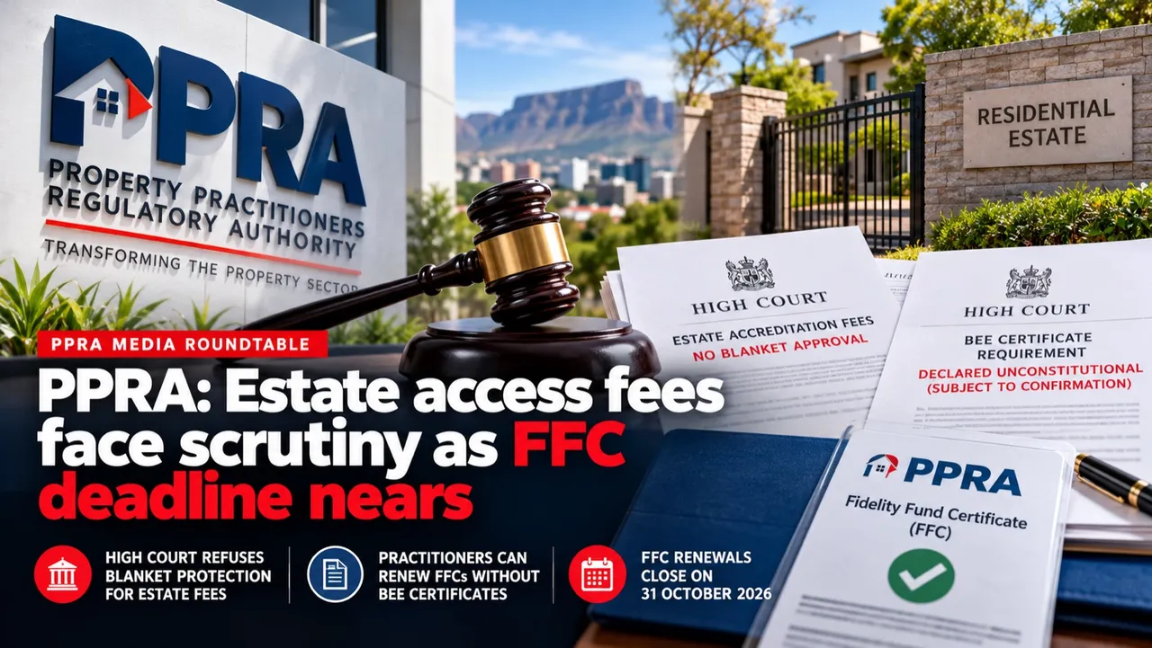 PPRA briefing graphic headed 'PPRA: Estate access fees face scrutiny as FFC deadline nears': the Property Practitioners Regulatory Authority sign, a judge's gavel, High Court papers on estate accreditation fees and the BEE certificate requirement, and a PPRA Fidelity Fund Certificate, with Table Mountain and a residential estate gate behind