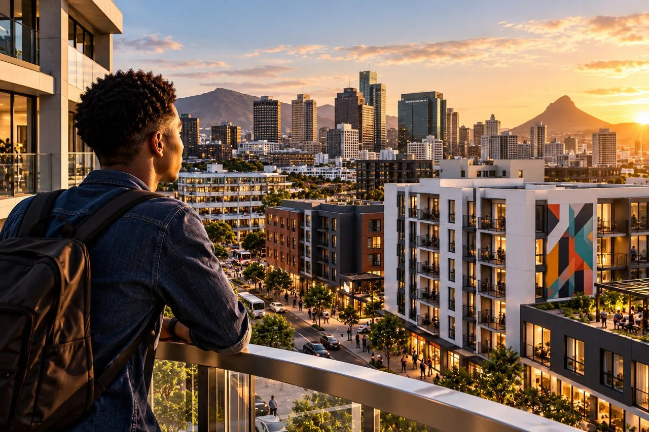 Illustrative image: a young man with a backpack on a balcony looks out over apartment blocks, office towers and a busy street at sunset, with mountains behind the city