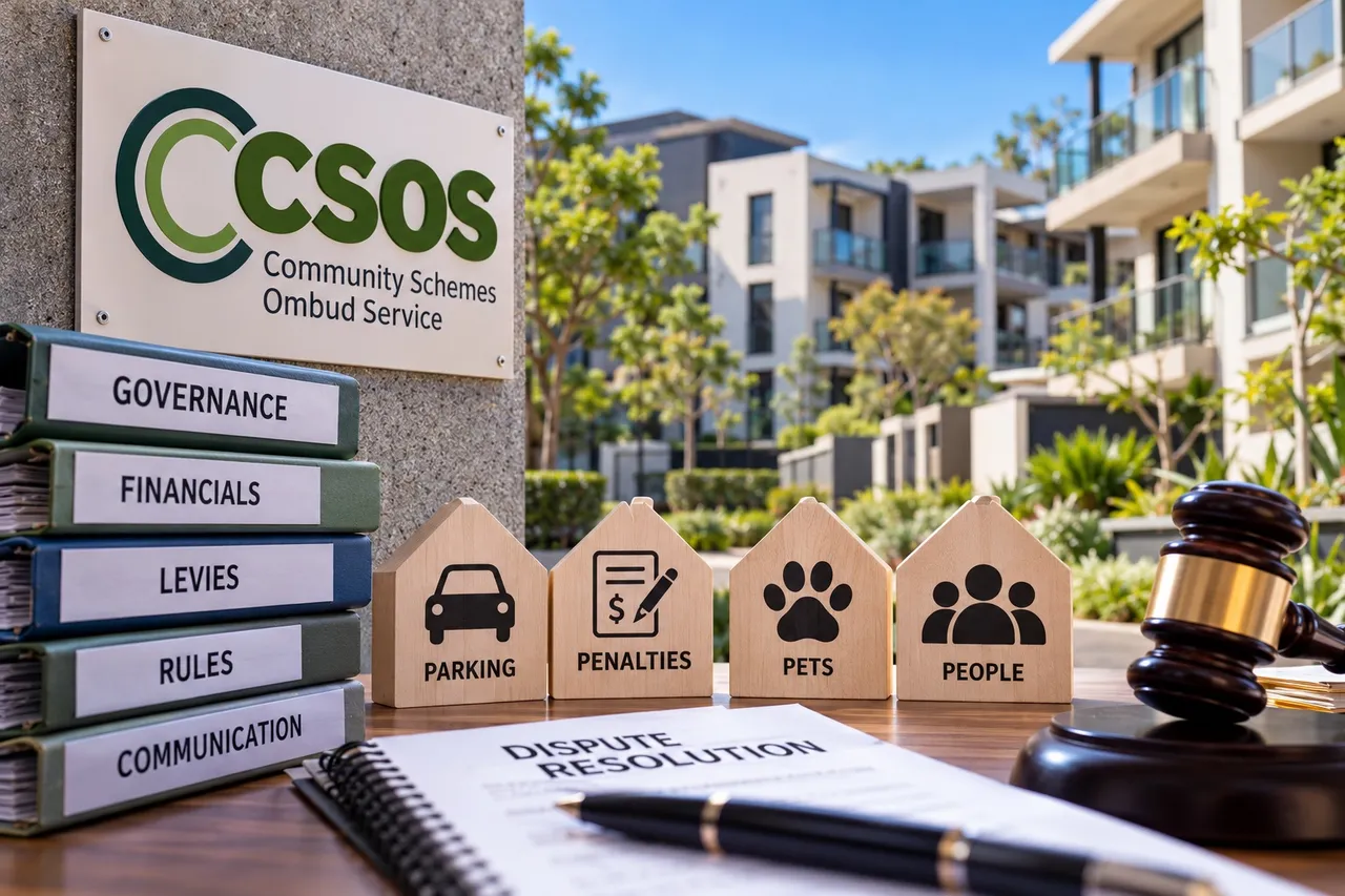 A Community Schemes Ombud Service (CSOS) sign beside binders labelled governance, financials, levies, rules and communication, wooden house blocks marked parking, penalties, pets and people, a gavel and a dispute resolution notebook, with apartment blocks behind