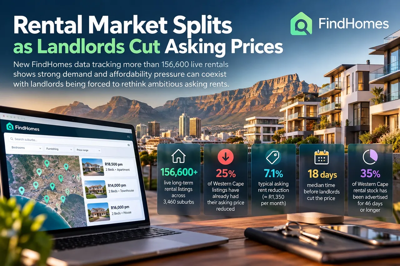 FindHomes rental market snapshot: a laptop showing rental listings on a map in front of Table Mountain and Cape Town apartments, with figures for 156,600+ listings, 25% of Western Cape listings reduced, a 7.1% typical reduction, 18 days to a cut and 35% listed 46 days or longer