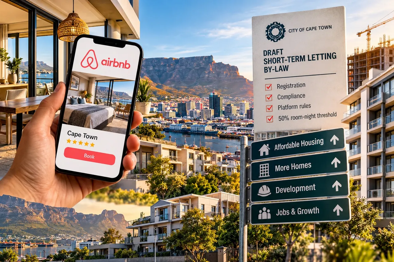 Collage of Cape Town: a hand holding a phone showing an Airbnb listing with Table Mountain behind, and a City of Cape Town sign for the draft short-term letting by-law above signposts for affordable housing, more homes, development, and jobs and growth