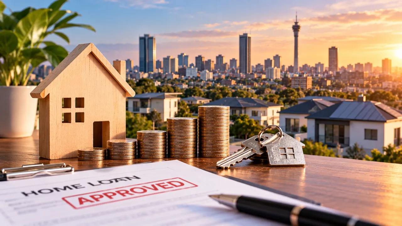 A wooden model house beside rising stacks of coins and a set of house keys on a desk, with a 'Home loan approved' form and a pen in front and a city skyline with suburban homes at sunset behind