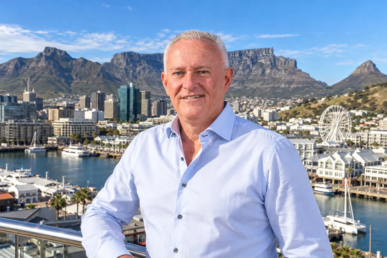 Norbert Sasse, former Group CEO of Growthpoint Properties, in a light blue open-collared shirt on a balcony above the V&A Waterfront harbour, with Table Mountain and Lion's Head behind him