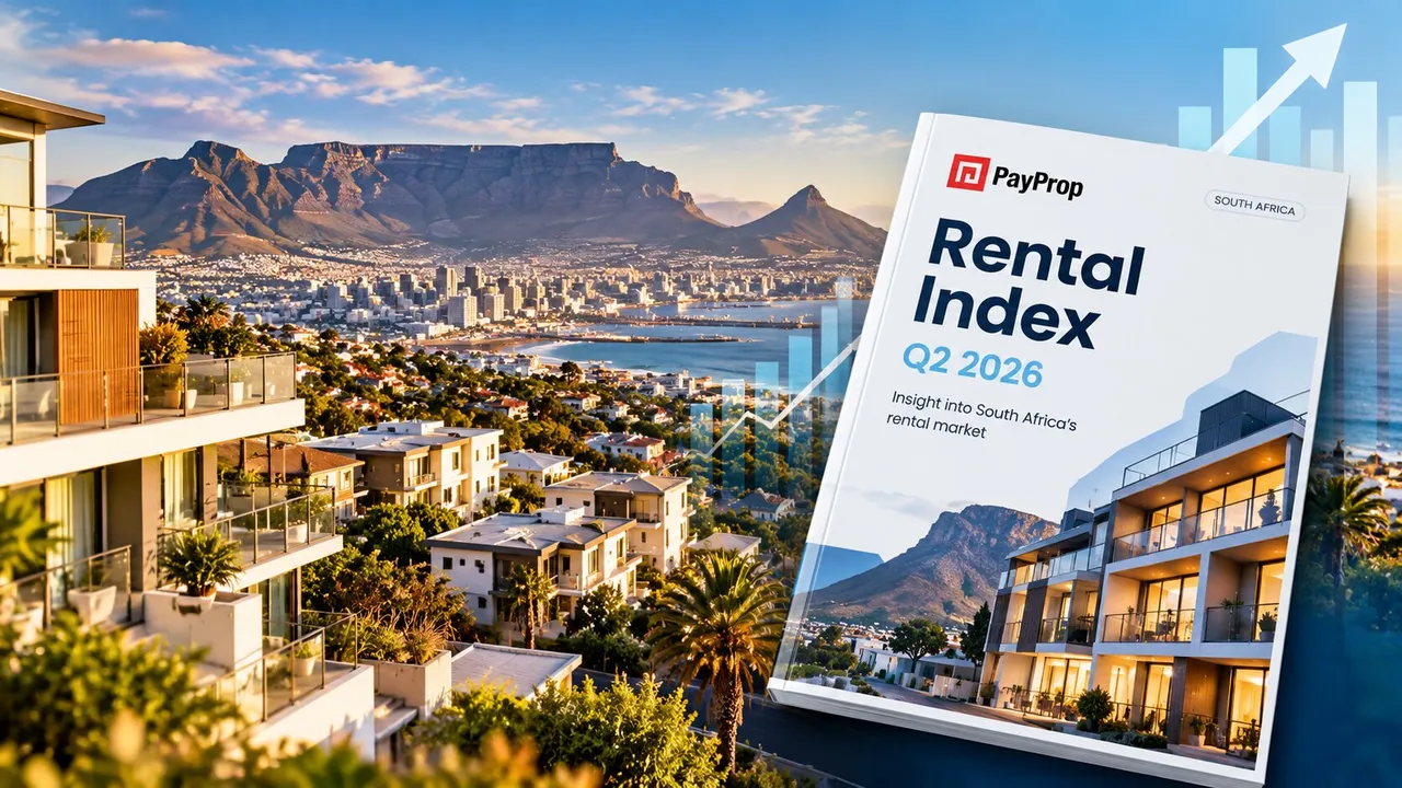 The PayProp Rental Index Q2 2026 report cover against a Cape Town view of apartments below Table Mountain, with a rising bar chart