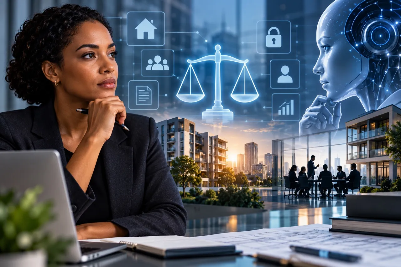 A property professional weighs a decision beside an AI figure, with scales of justice, data icons and apartment buildings between them