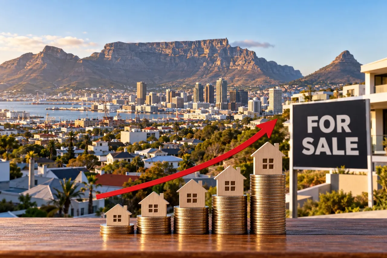 Cape Town skyline and Table Mountain behind a row of wooden toy houses on rising stacks of coins, a red upward arrow above them and a For Sale sign on the right