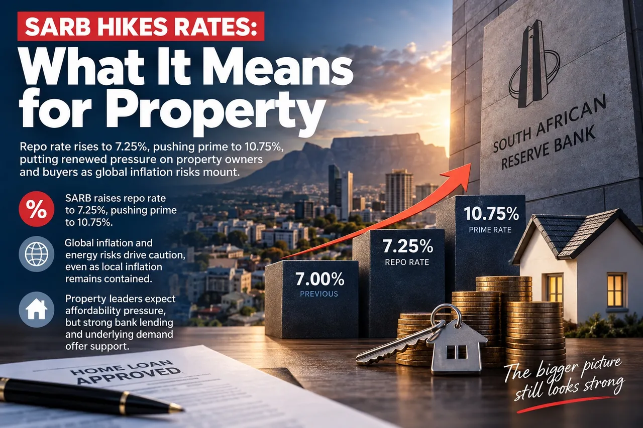 SARB hikes rates: repo rate up from 7.00% to 7.25%, prime to 10.75%, with Cape Town and the South African Reserve Bank behind stacked coins and house keys