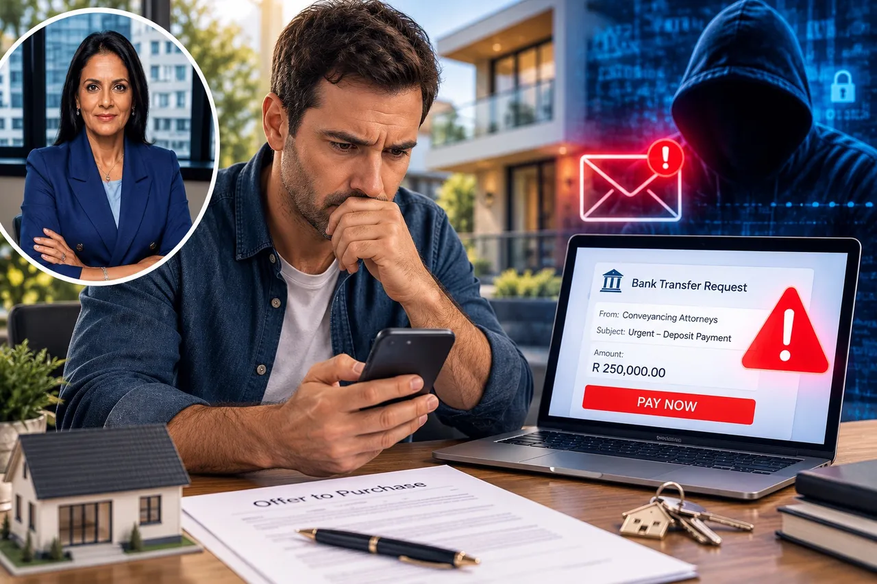 A worried homebuyer looks at his phone beside a laptop showing an urgent R250,000 bank transfer request, with a hooded cyber criminal in the background and an inset portrait of Jackie Smith