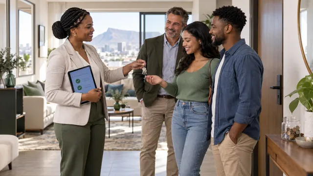 A rental agent hands over keys to a couple at a new home