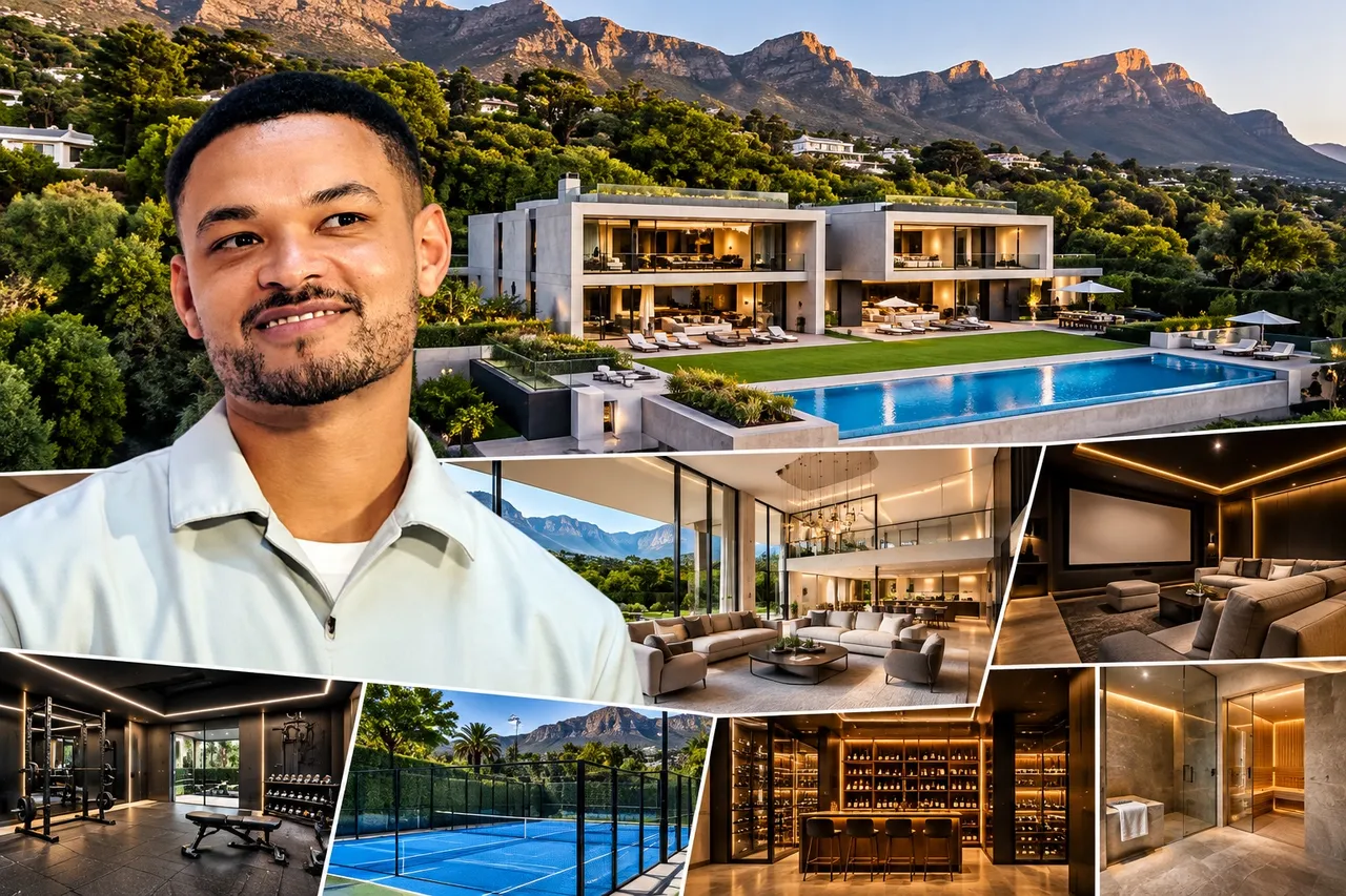 Steven Bartlett beside a collage of a contemporary Bishopscourt mansion below Table Mountain: pool, living room, cinema, gym, padel court, wine cellar and spa