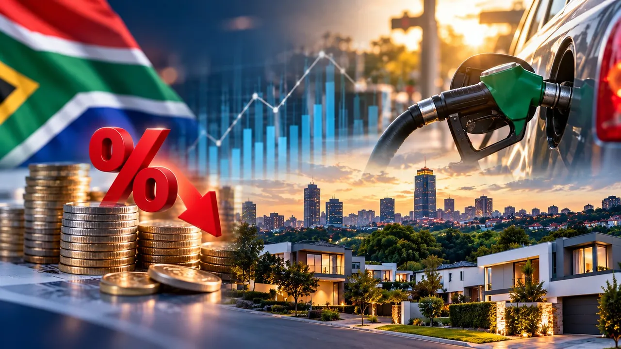 Composite image of a South African flag, stacks of coins under a red percentage sign with a downward arrow, a rising chart, a fuel nozzle in a car's tank and a city skyline above modern homes at sunset