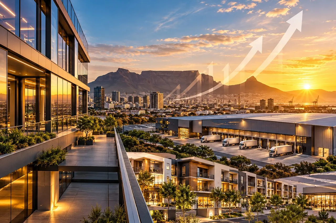 Illustrative image of Cape Town at sunset: Table Mountain behind the city, a glass office building and terrace, a logistics warehouse with trucks, new apartment blocks, and white arrows rising over the skyline
