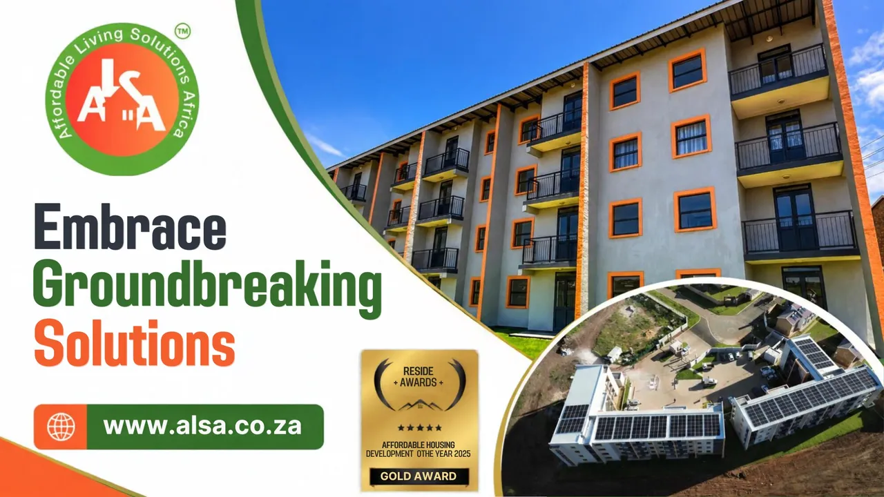 ALSA, Affordable Living Solutions Africa: embrace groundbreaking solutions. A four-storey affordable housing block with orange window frames, an aerial view of a solar-roofed estate, and a Reside Awards gold award for Affordable Housing Development of the Year 2025. www.alsa.co.za