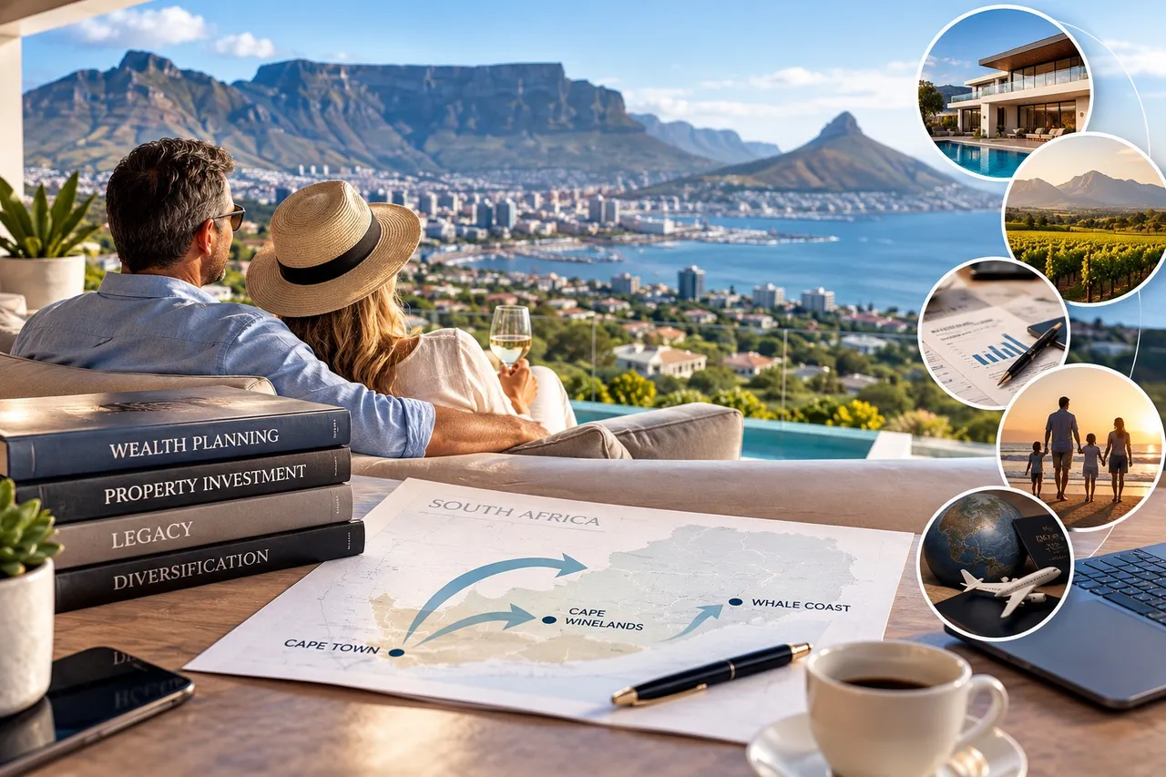 A couple on a Cape Town terrace look out over the city and Table Mountain, with a map of South Africa showing moves from Cape Town to the Cape Winelands and Whale Coast, wealth-planning books and circular insets of a villa, vineyards, financial papers, a family on a beach and a globe