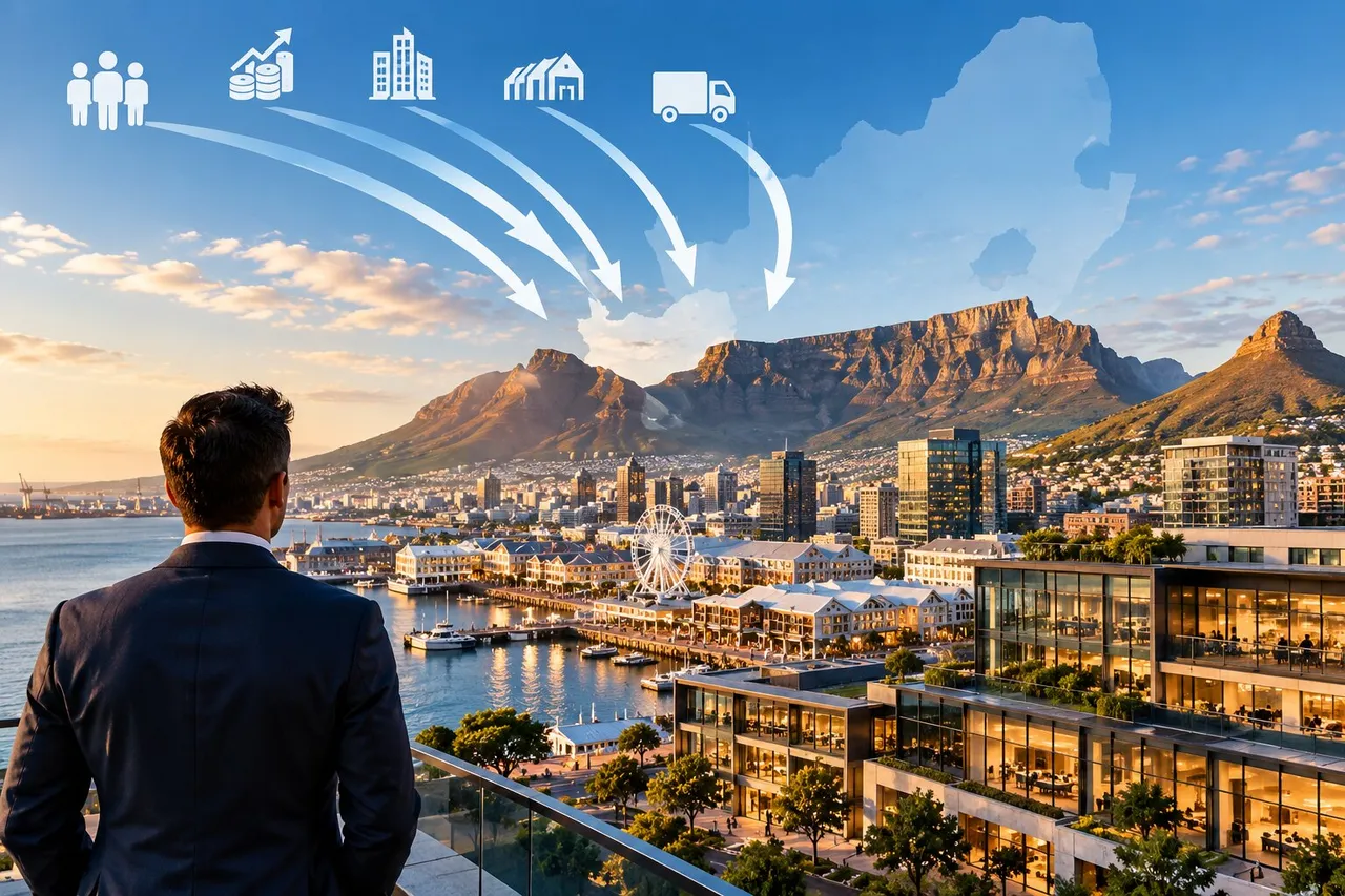 A man in a dark suit looks out over Cape Town's V&A Waterfront and Table Mountain at sunset, with arrows from icons of people, money, offices, warehouses and a delivery truck pointing towards the Western Cape on a map of South Africa